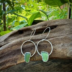 Green sea glass Handmade sterling silver soldered drop earrings